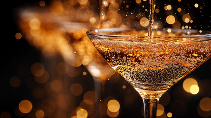 Luxurious champagne glasses with golden sparkling bokeh, festive background for Happy New Year header or website banner for glamorous events