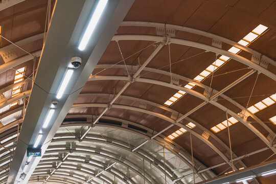 Ceiling with hanging lamps in a Train Station in Jakarta, Indonesia.