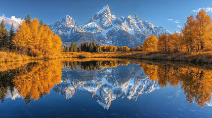 Obraz premium Golden autumn reflections of snow-capped mountains on a tranquil alpine lake, background header or website banner