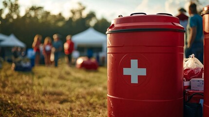 Emergency response action at outdoor event community health fair first aid station natural environment ground level viewpoint