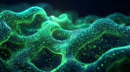 A mesmerizing close-up of luminous, organic textures resembling flowing green waves and bubbles against a dark background.