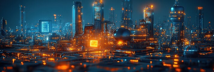 Futuristic city at night with glowing skyscrapers and illuminated streets.