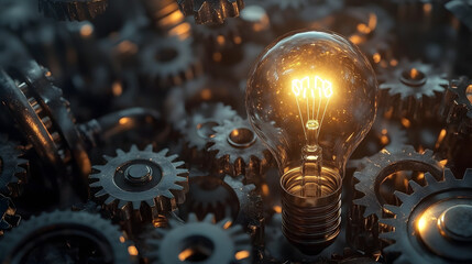 Innovation and Synergy: Light Bulb Surrounded by Gears for Business Creativity Concept