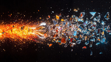 Shattering light bulb explosion showcasing vibrant colors and glass fragments, symbolizing energy, creativity, and innovation, background header or website banner