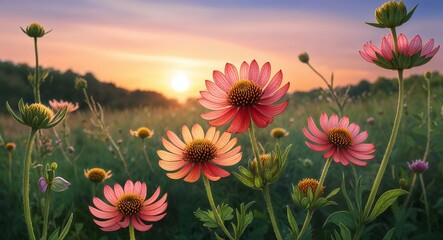 Helenium flowers glowing brightly in a meadow as the sun sets 