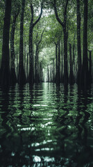 Obraz premium Tranquil waterway surrounded by towering trees in a serene forest setting