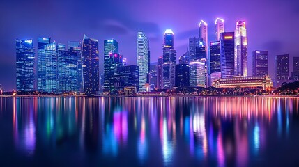 Fototapeta premium Colorful Cityscape at Night with Skyscrapers and Neon Lights