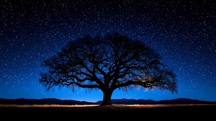Haunting Silhouette of Bare Tree Against Starless Night Sky