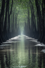 Obraz premium Serene waterway surrounded by lush trees creating a peaceful natural path