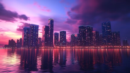 Fototapeta premium Colorful Cityscape at Night with Skyscrapers and Neon Lights