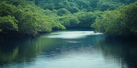 Lush green mangrove forest reflecting in calm waters during daytime