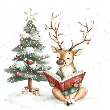 A cheerful reindeer reading a book beside a decorated Christmas tree in winter.