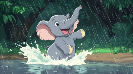 Happy Elephant Playing in Rainy Jungle Scene