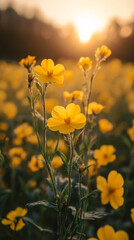 Obraz premium Bright yellow wildflowers blooming in a sunlit field at sunset