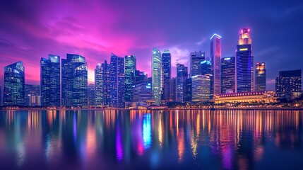 Fototapeta premium Colorful Cityscape at Night with Skyscrapers and Neon Lights