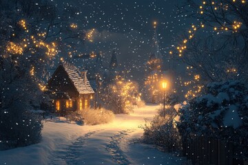 Fototapeta premium cozy winter cottage surrounded by snow and lights