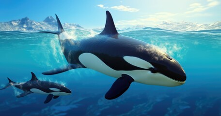 Fototapeta premium an orca whale swimming with her cubs in the ocean, photo realistic, high resolution