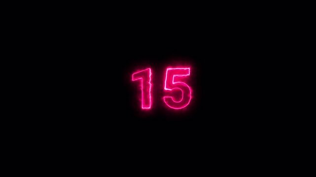 15 seconds neon countdown animation, 15 second timer countdown on black background.