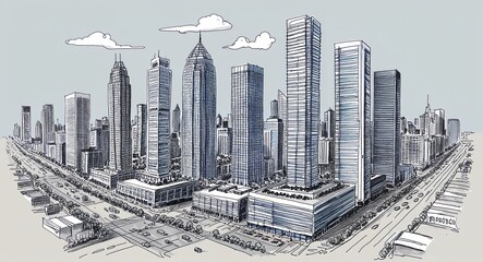 Skyscrapers and bustling streets in a modern metropolitan cityscape hand drawing