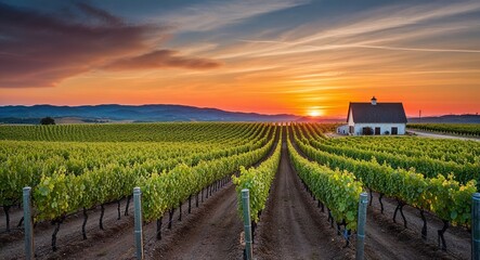 Fototapeta premium Sunset over a vineyard with rows of grapevines and a farmhouse