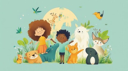 Fototapeta premium Whimsical Children and Animals in Nature Scene
