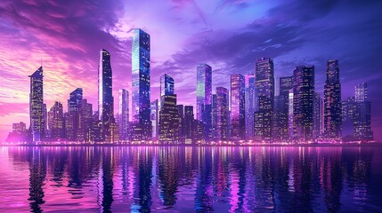 Fototapeta premium Colorful Cityscape at Night with Skyscrapers and Neon Lights