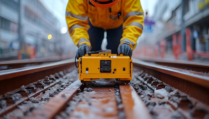 Worker using a yellow device on railway tracks in an urban setting.