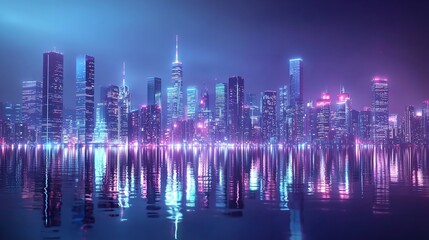 Fototapeta premium Colorful Cityscape at Night with Skyscrapers and Neon Lights