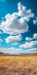 Obraz premium Expansive landscape featuring golden grassland under a vibrant blue sky