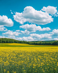 Obraz premium Beautiful spring landscape with vibrant yellow flowers under a blue sky