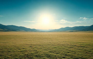 Naklejka premium Expansive grassland under a bright sun with distant mountains in the background