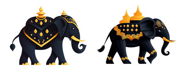 Traditional decorative elephants with golden ornaments and intricate patterns