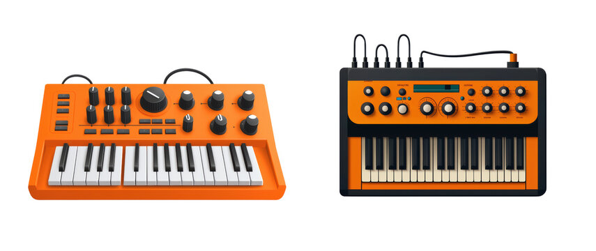 Orange and black synthesizers with knobs and keys, isolated on transparency background