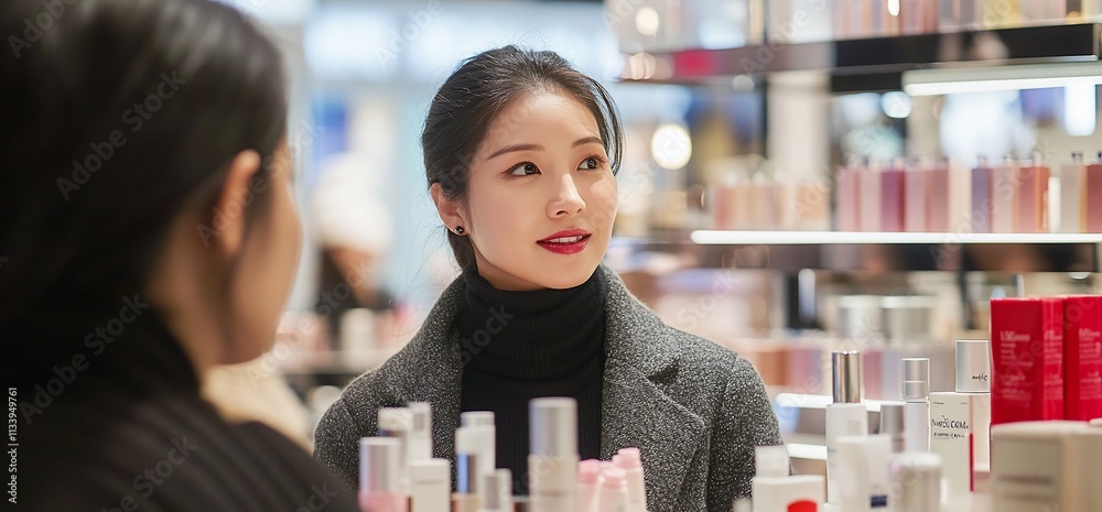 Poster a woman engages in conversation at a cosmetics display in a store.