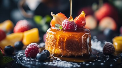 Delicious Dessert with Fresh Fruits and Sweet Syrup