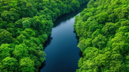 Bird's eye view of interconnected ecosystems aerial photography of lush riverbank environments