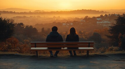 A couple sits on a bench, gazing at a serene sunset over a misty landscape, capturing a moment of connection and tranquility.