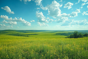 Vast green meadow under a bright sky filled with fluffy clouds in daylight