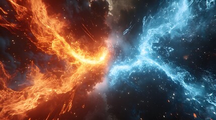 Fiery orange and icy blue forces clash in cosmic battle