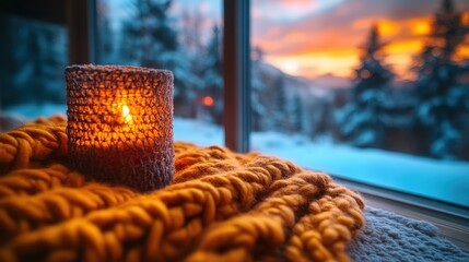 A warm candle illuminates a cozy knitted blanket by a window, showcasing a snowy landscape at sunset.