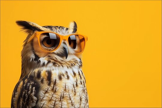 Stylish owl wearing bright orange sunglasses, set against a bold yellow background, perfect for creative and quirky designs
