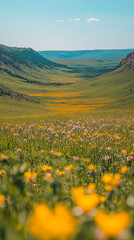 Fototapeta premium Beautiful valley filled with wildflowers under a clear blue sky during daylight