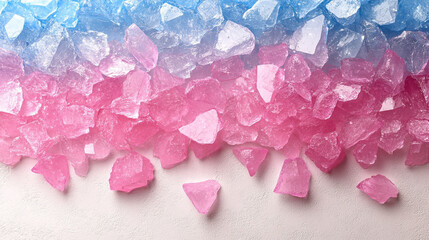 stunning abstract 3D texture with a blue-pink crystal glass background. The faceted design creates a gradient effect, symbolizing chaos and transformation, captured in a macro panoramic style