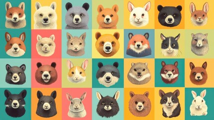 Obraz premium Cute Animal Portraits in Colorful Grid Layout