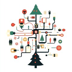 A colorful, modern illustration of a connected Christmas tree with tech elements.