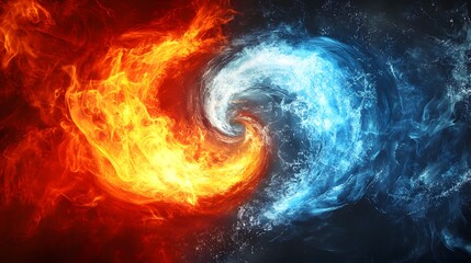 Fiery orange flames swirl with icy blue water in a yin yang design