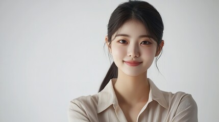 Close-Up Portrait of a Confident Korean Girl Student Looking Ahead