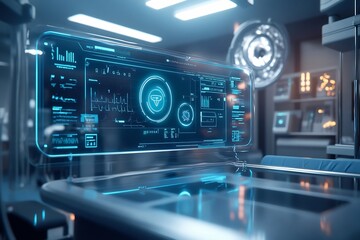 Obraz premium Futuristic Medical Diagnostics Dashboard with Holographic Icons in Sleek High Tech Operating Room