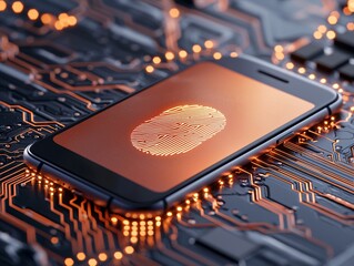 Mobile fingerprint authentication technology digital interface graphic design high-tech environment close-up view security concept