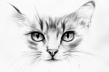 Monochrome pencil sketch of a cat's head, detailed fur texture, expressive eyes.